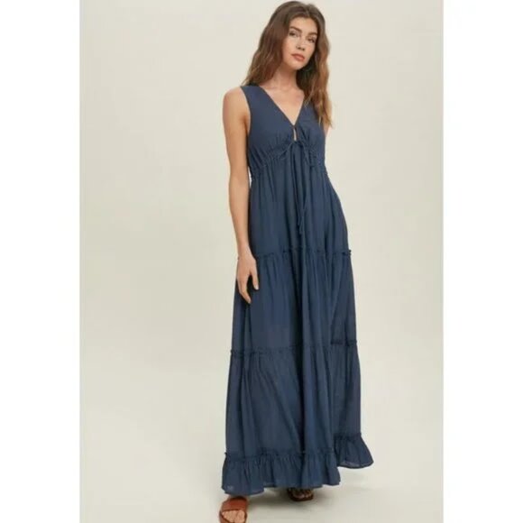 Wishlist Dresses & Skirts - NWOT Wishlist Sleeveless Tiered Ruffle Hem Slate Blue Maxi Dress Sz L